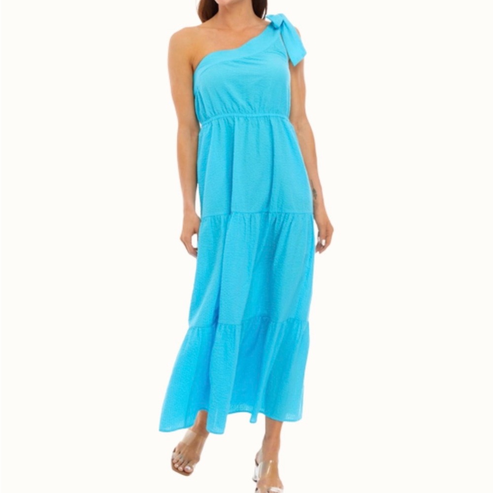 Crown & Ivy  NWT One-Shoulder Tiered Maxi  Dress in Turquoise